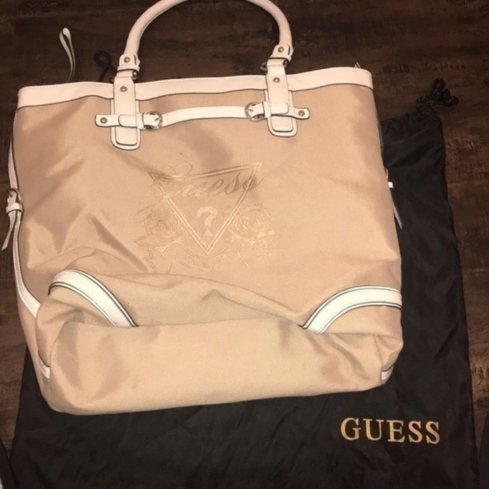 Like new Guess logo tan canvas white leather zipper tote